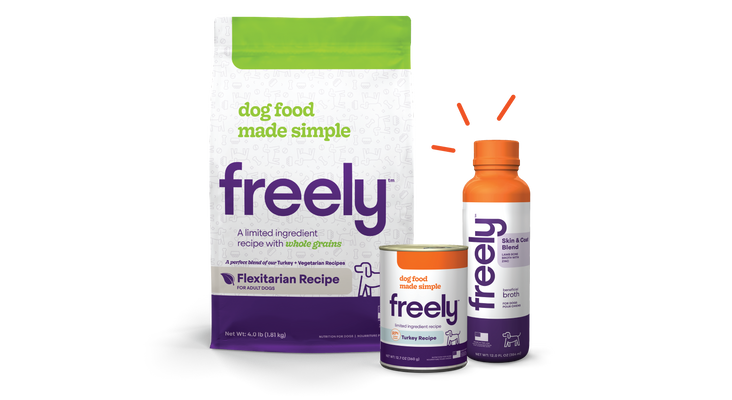 Freely dog food. Natural limited ingredient diet dog foods. Dry kibble dog food available in grain free and with grain formulas. Grain free wet can dog food. Human-grade beneficial bone broth dog food toppers. 